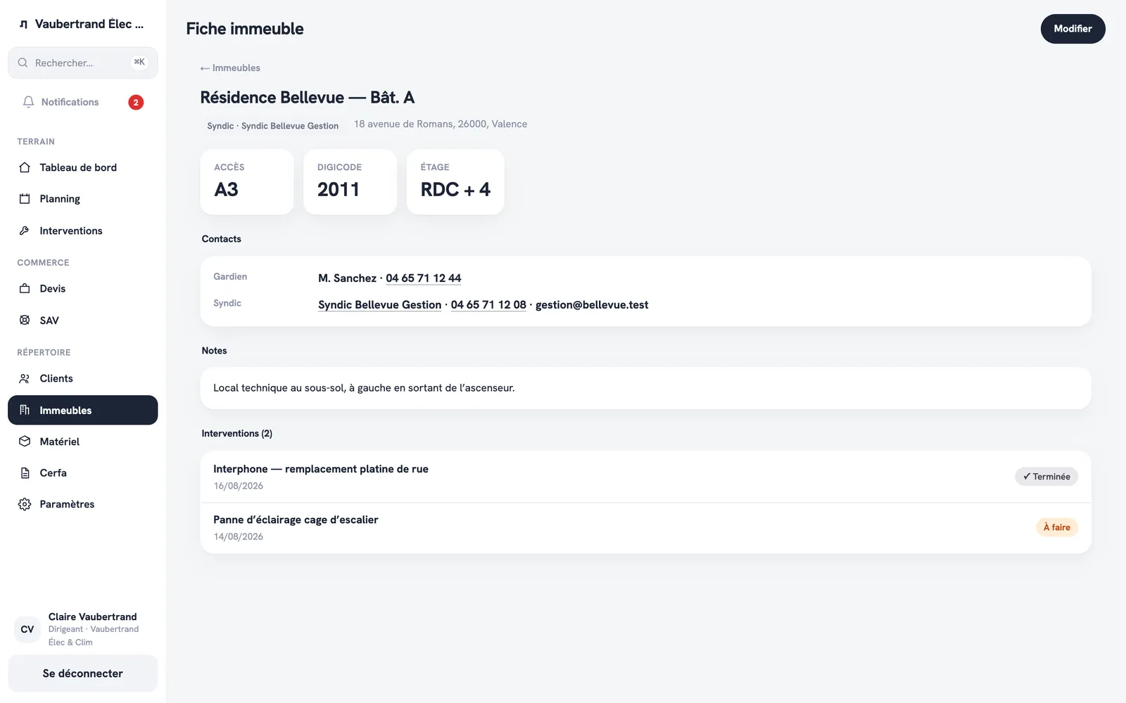 Fiche immeuble avec code d’accès et historique