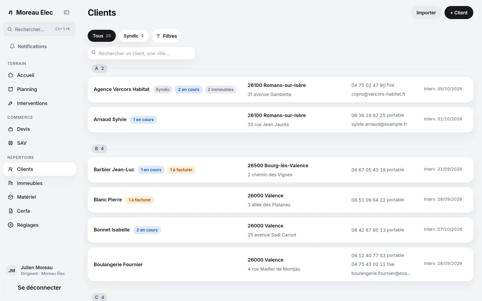 La liste des clients