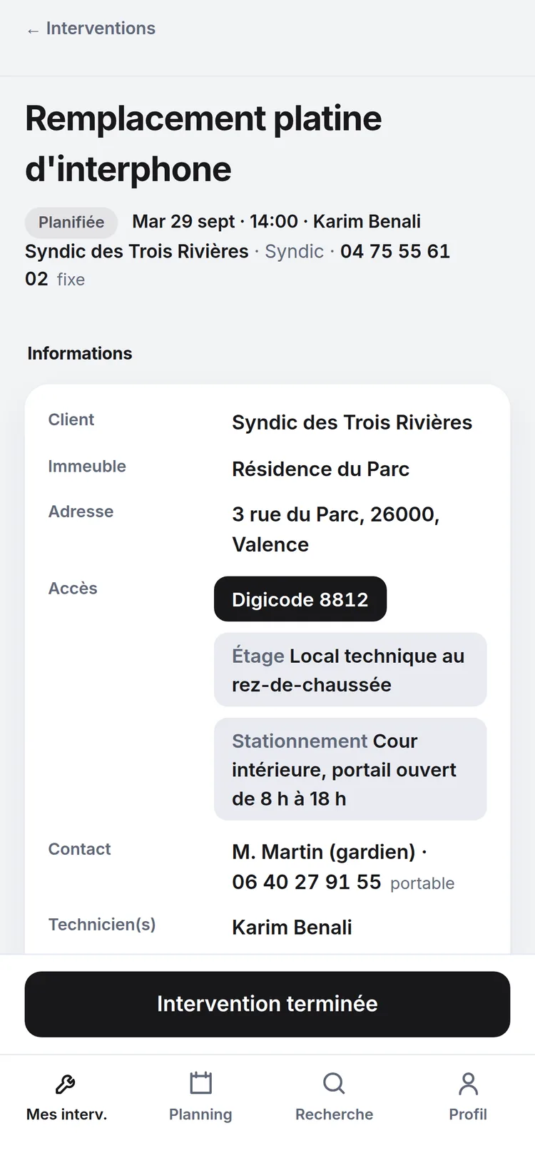 La fiche avec les codes d’accès