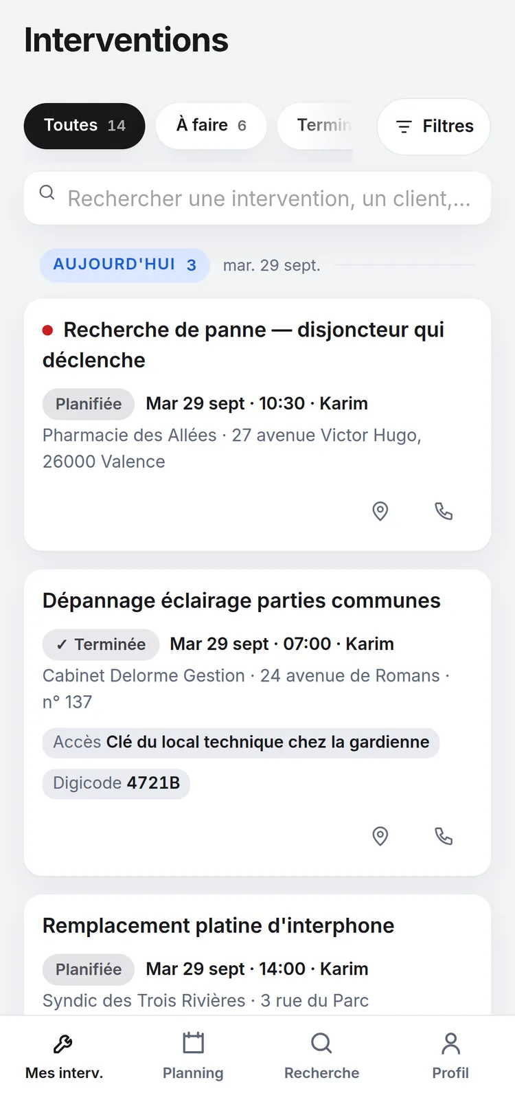 Les interventions du technicien